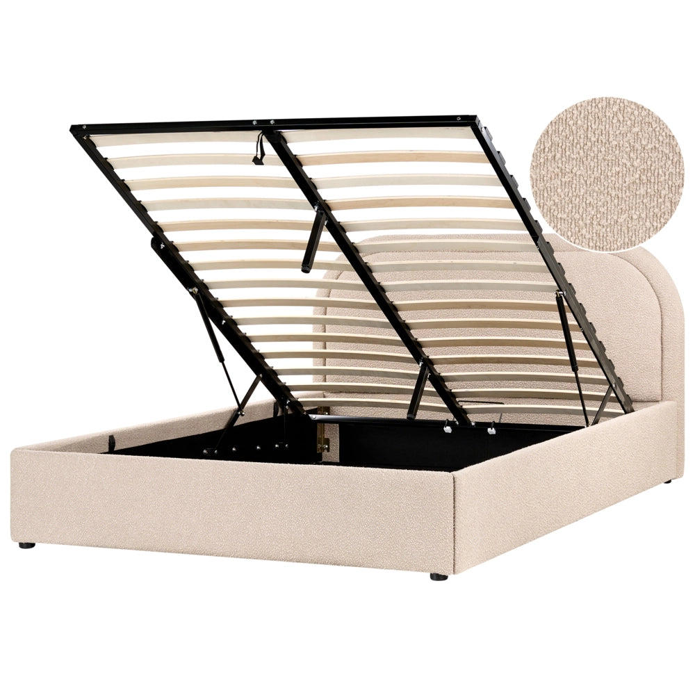 Letto moderno con contenitore e testata imbottita in bouclé beige chiaro 140 x 200 cm