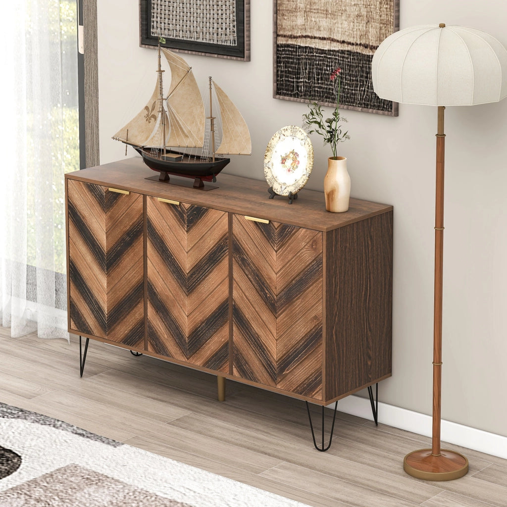 OKWISH Credenza Contenitore con 3 Ante e Ripiani Interni, Maniglie Dorate, Gambe in Ferro, per Soggiorno 120 x 38 x 76.5 cm