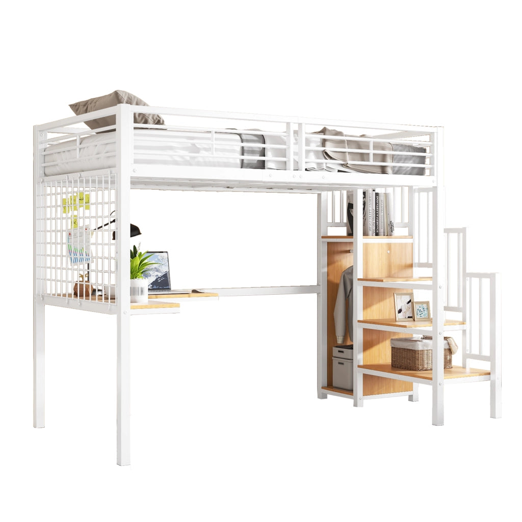 Letto a soppalco Letto singolo con armadio; scala laterale e scrivania 90×200 cm; senza materasso