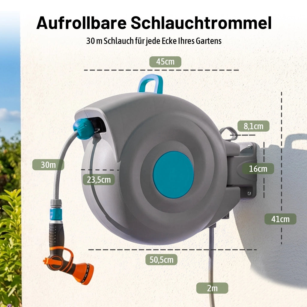 Avvolgitubo da giardino automatico da 30 m, montaggio a parete, pistola a spruzzo 9 in 1, resistente ai raggi UV e al gelo, girevole a 180¡ã ¨C