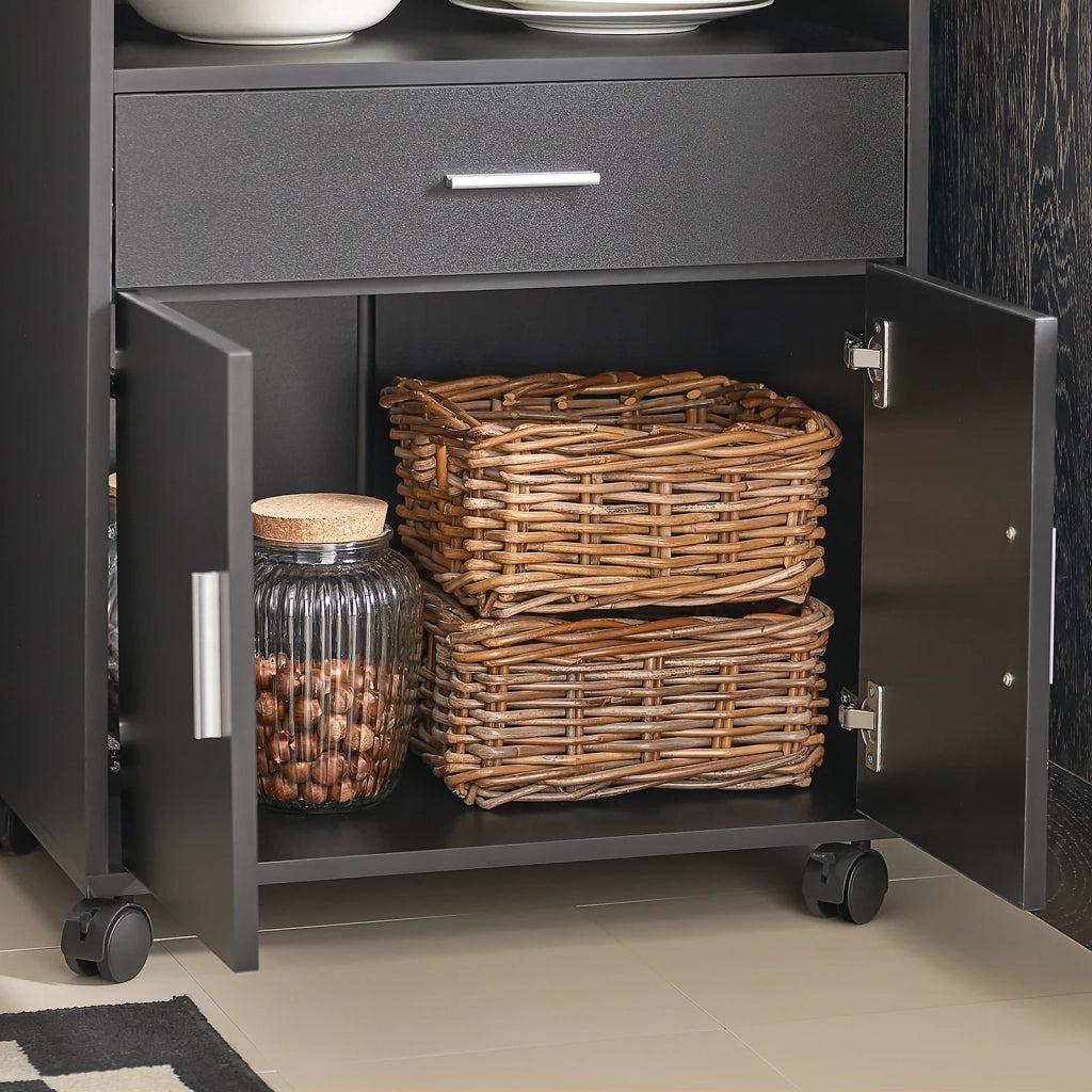Scaffale per Forno a microonde, Carrello da cucina,credenza con route, Nero FSB09-SCH