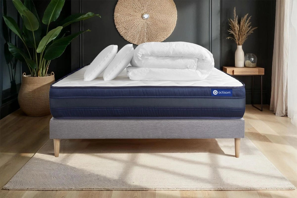 Pacchetto letto completo - Materasso 140x200cm + Box spring con doghe (kit) + 2 cuscini + Piumino - Actiflex Tech