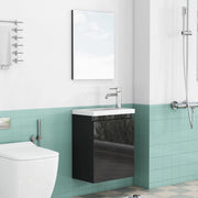 Mobiletto da bagno nero lucido da 40 cm, mobiletto a parete con lavabo in ceramica e specchio, design senza maniglie, cerniere con chiusura