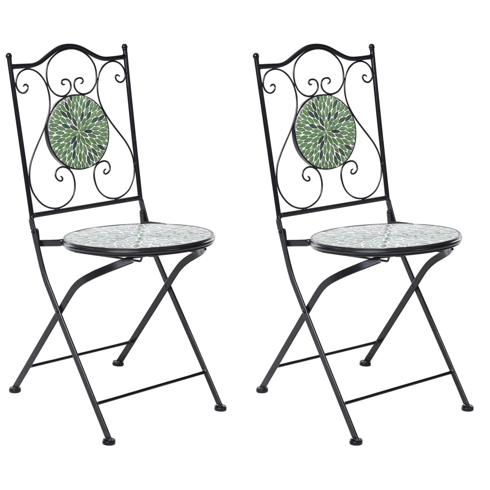 Set di 2 sedie da giardino in ferro nero con piastrelle rotonde in ceramica a mosaico stile ferro battuto pieghevoli