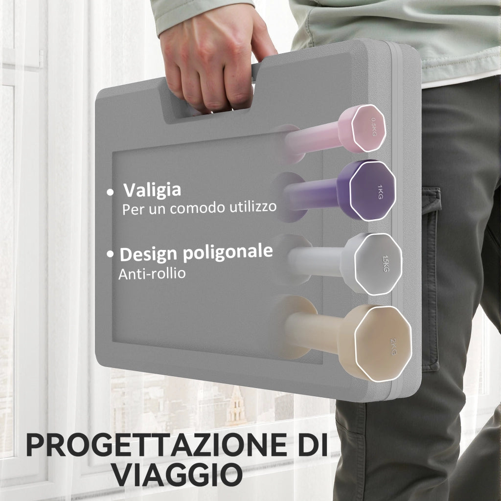Set Manubri 10 kg con Valigetta Porta Pesi, in Metallo, PU e Plastica, 41x30x8 cm, Multicolore