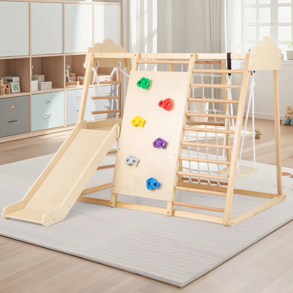 Palestra da interno 8-in-1 con scivolo rimovibile, Giocattoli da arrampicata in legno per bambini 3+ anni Naturale-Arrampicate e scivoli