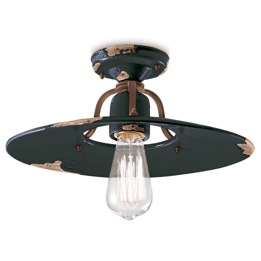 Plafoniera Vintage Country Ferro E Ceramica Nero 1 Luce E27