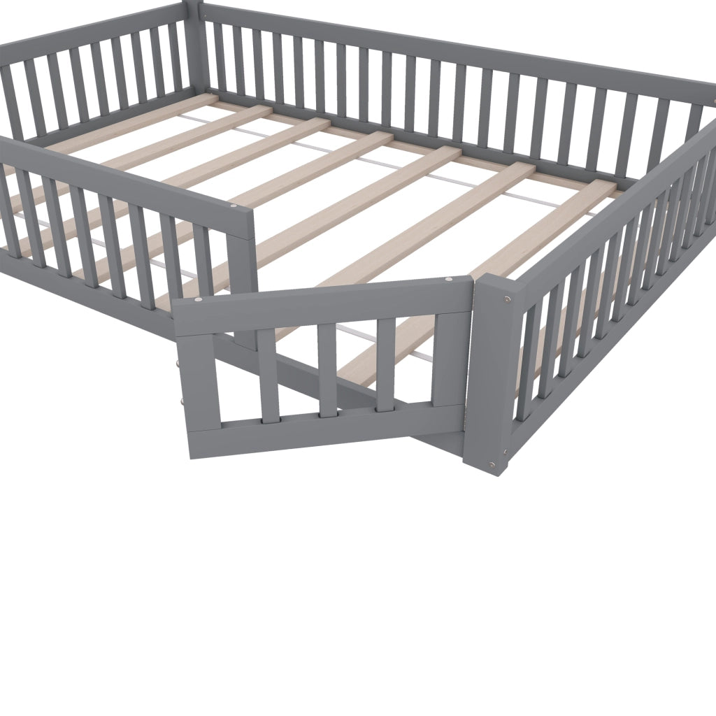 Letto per Bambini 140×200 cm; Letto Singolo con Sponde di Sicurezza e Design a Camino; senza Materasso; Grigio