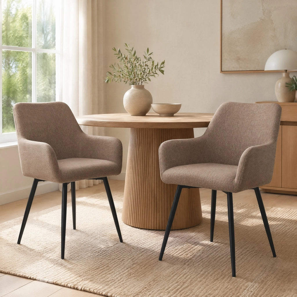 Sedia da Pranzo Set da 2 con Braccioli Alti Seduta Ampia Schienale Ergonomico in Tessuto e Metallo Cachi