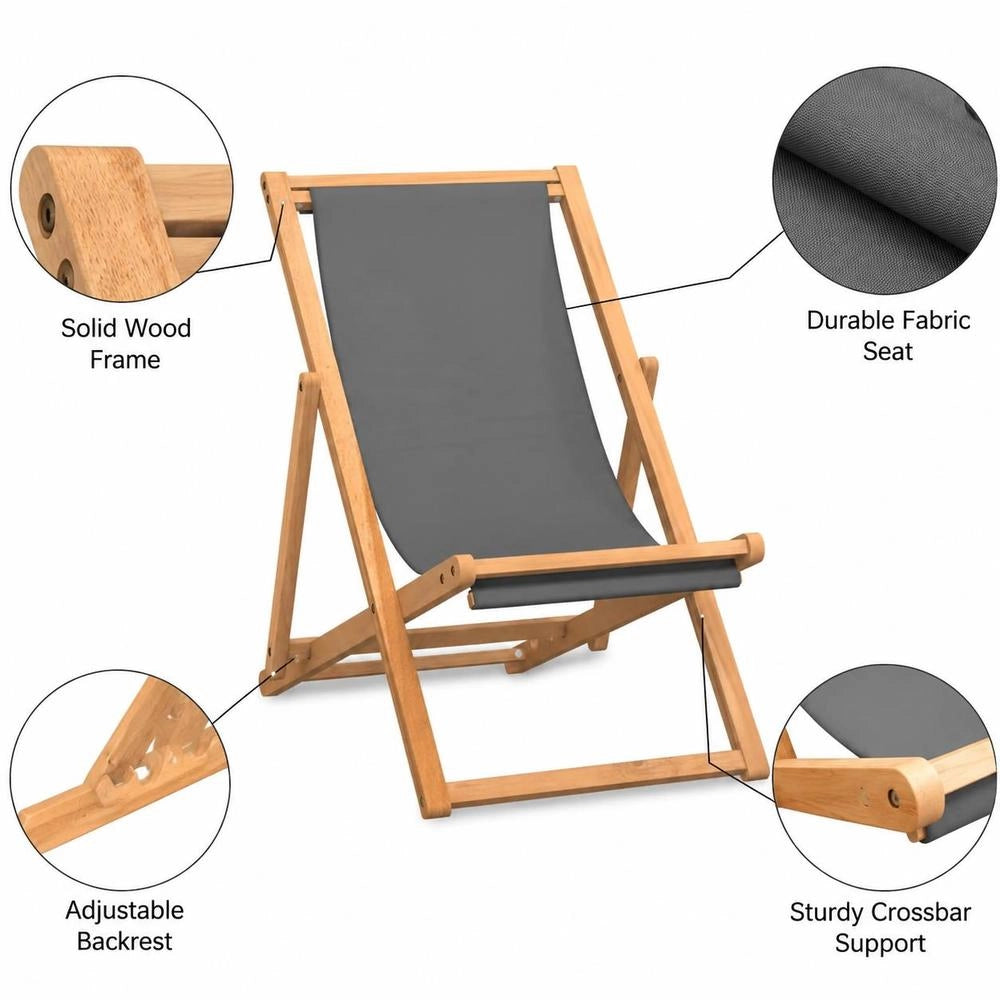Folding Beach Chair, Solid Teak Wood, Grey