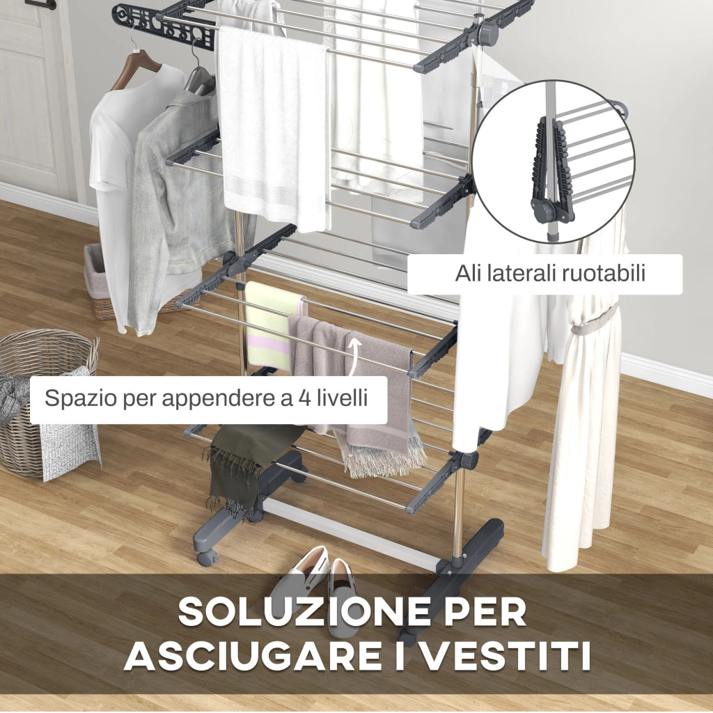 Stendino Verticale 4 Ripiani Regolabili 142x55x172 cm in Acciaio e Plastica Grigio e Argento