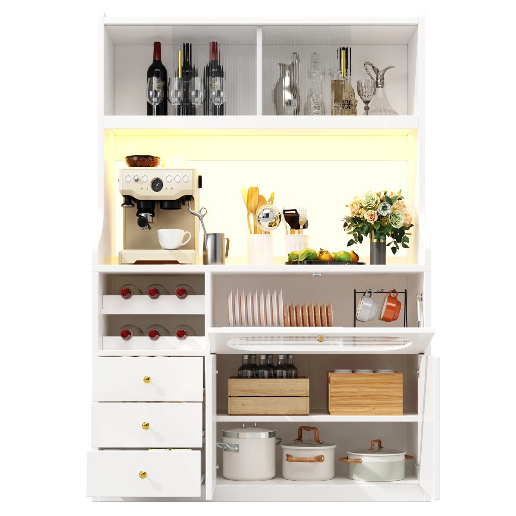 Credenza alta con 3 cassetti; LED RGB e ripiani regolabili per cucina in MDF 120x40x180 cm bianco