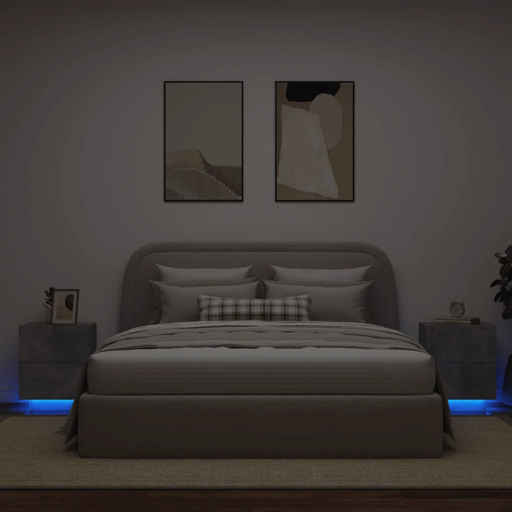 Set di 2 Comodini | Armadio da Notte | Mobiletto da notte con Luci LED Grigio Cemento in Legno Multistrato