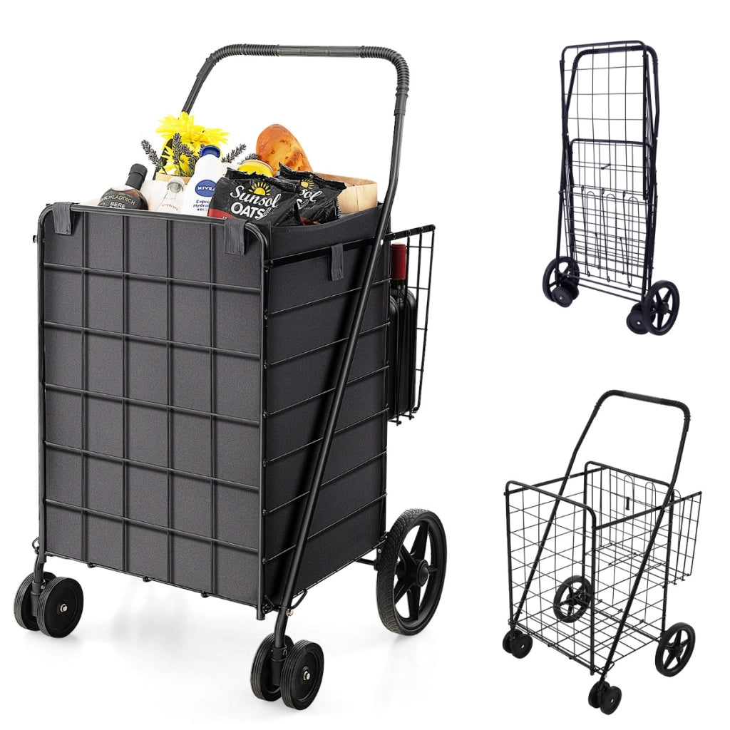 Carrello della spesa 120L con fodera in Oxford ruote anteriori piroettanti-Carrello per la spesa pieghevole Nero