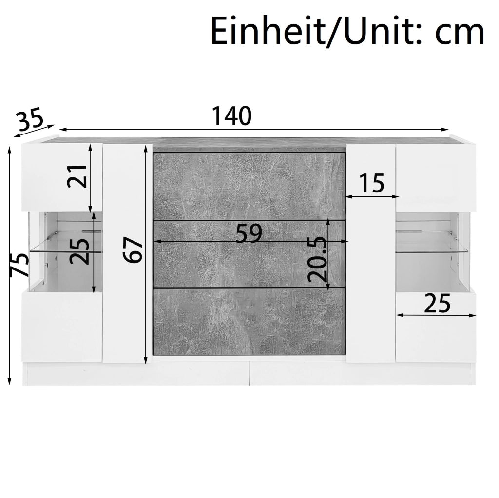 Credenza con LED, 2 ante e 3 cassetti effetto marmo 140 cm