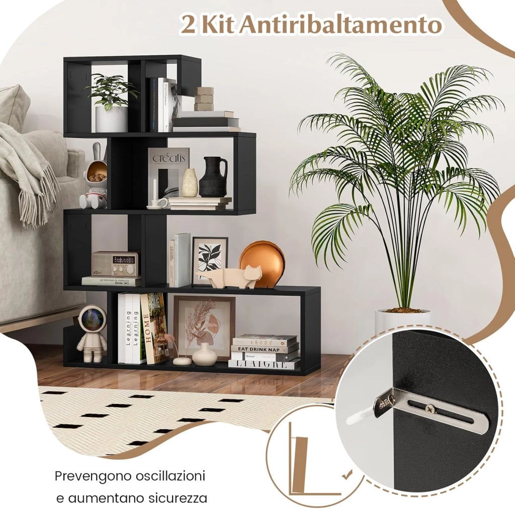Libreria a Forma di S a 4 Ripiani, Scaffale Aperto Portaoggetti in Legno, Scaffale Verticale Separatore Multifunzionale, per Camera da Letto, Studio, Soggiorno, 80 x 22 x 100 cm (Nero)