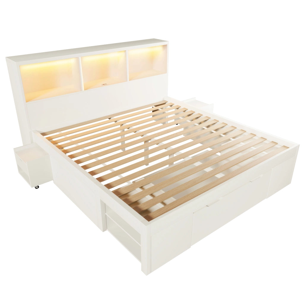 Letto 140x190 cm con testiera LED; 2 comodini mobili; cassetto e prese USB Type-C; bianco