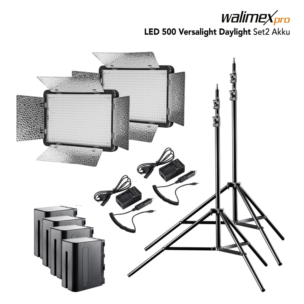 Set 2 Luci a pannello LED per fotografia 500 Versalight da 32 W, 2 cavalletti fotografici e 4 batterie, Lampada con 5600 K per foto e video, con telecomando