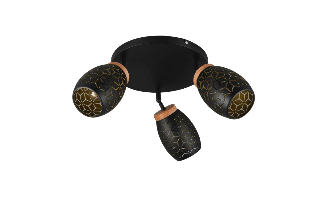 Plafoniera 3 spots, metallo, nero e legno, D 58 cm, Bidar