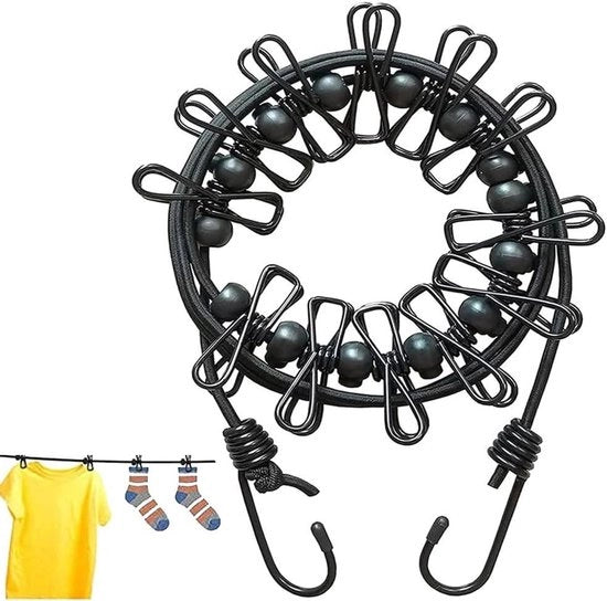 Linea da Stendino Rettraggibile per Camping e Viaggio con 12 Pezzi di Clip e Regolazione Elasticata per Esterno e Balcone (Nero) - Portatile