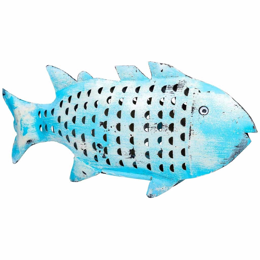 Portacandele pesce in metallo invecchiato blu 60x10x28h cm