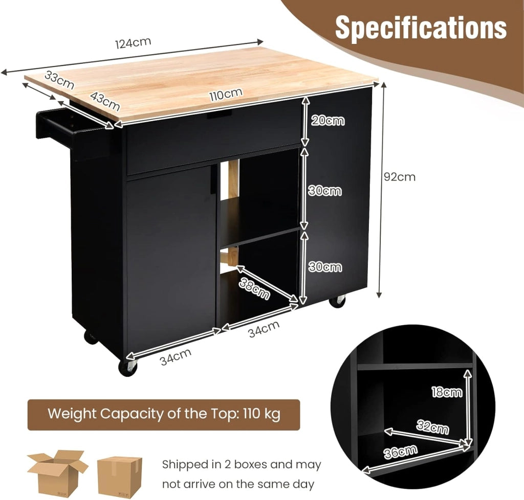 Carrello da Cucina a Isola in Legno, Carrello di Servizio con Piano di Lavoro Estraibile, Mobile da Cucina con Cassetto, Ripiano Regolabile, Carrello da Cucina a Isola (Nero)