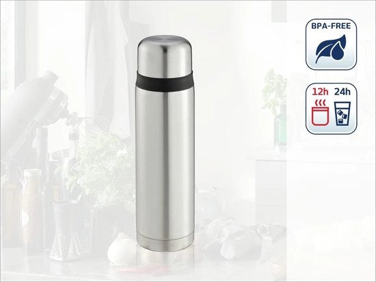 Bottiglia termica, acciaio inossidabile, 100% ermetica, bottiglia termica con isolamento a doppia parete in acciaio inossidabile, sfiato senza gocce con una mano, bottiglia per bere con protezione contro urti e cadute, argento