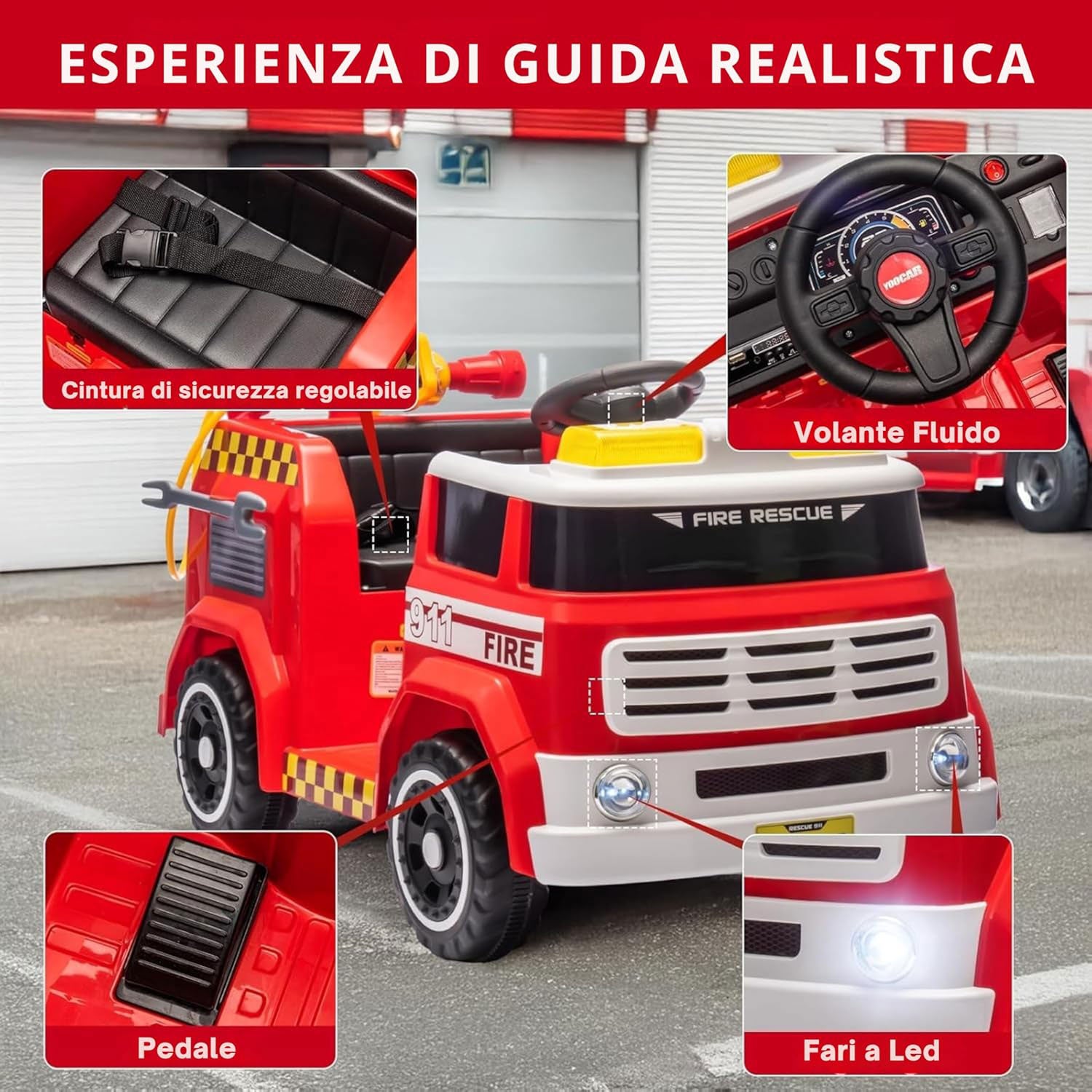 Macchina Elettrica per Bambini Camion dei Pompieri Telecomandato 12V 7,5Ah Rosso