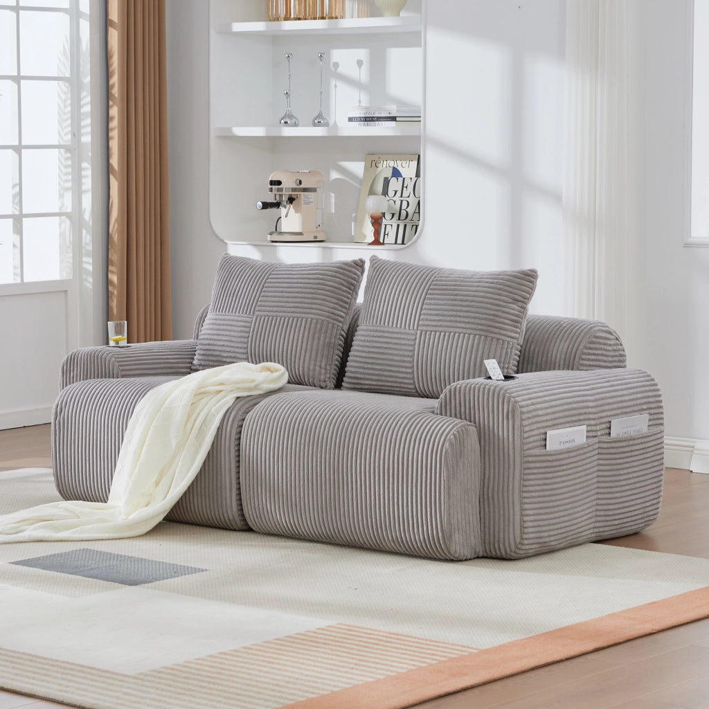 Divano modulare a 2 posti con portabicchieri e tasca laterale in corduroy per soggiorno moderno grigio chiaro