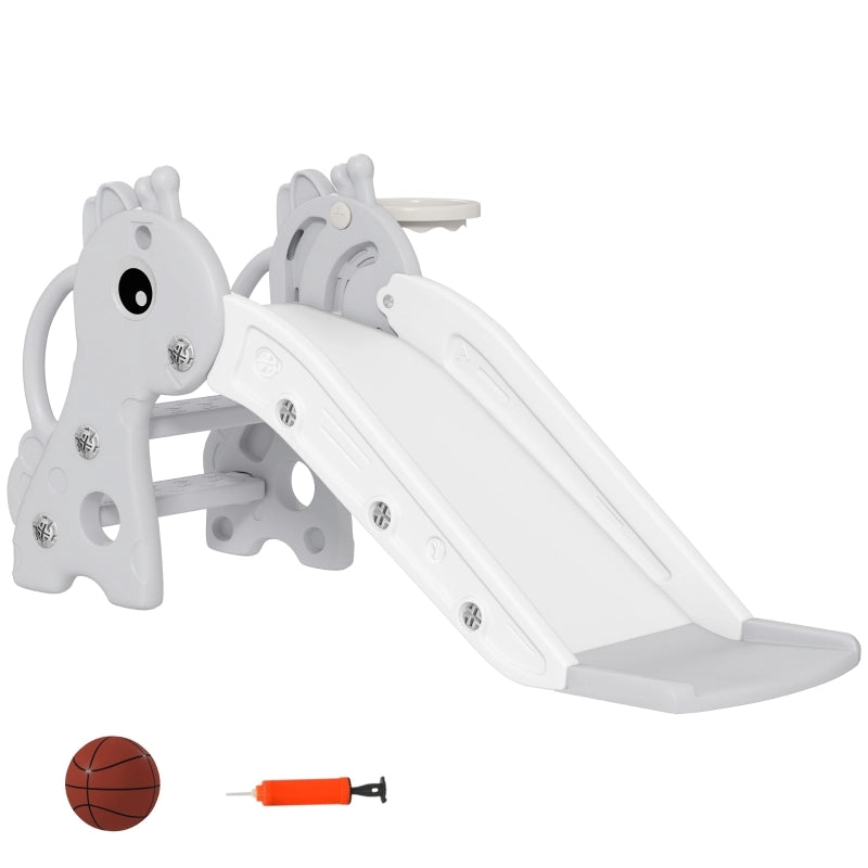 Scivolo 3 in 1 per bambini, a forma di giraffa, con canestro da basket e palla, colore grigio.