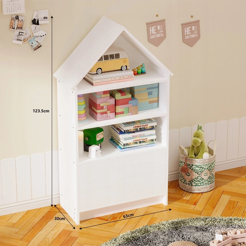 Scaffale a forma di casetta per bambini, ideale per giocattoli, bambole e libri, grande, bianco, 63 cm