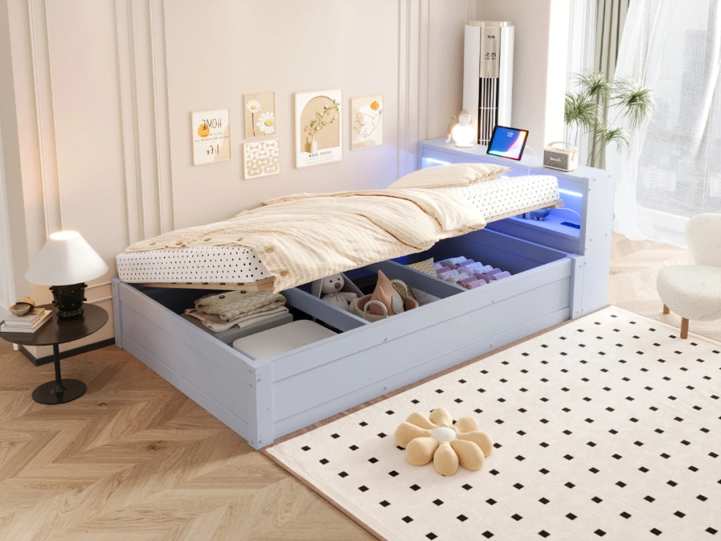 DESMIU Lit simple 90 × 200 cm con contenitore, LED regolabile e presa, senza materasso, in MDF, grigio