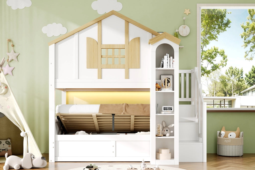 DESMIU Letto a castello 2 posti 90 × 200 cm con contenitore idraulico, scala contenitore e LED, senza materasso, bianco