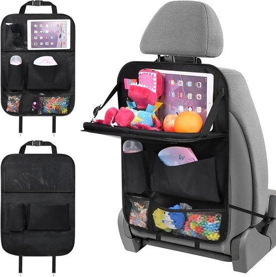 Organizzatore di sedile posteriore con 6 contenitori di stoccaggio, tavola da lavoro pieghevole e supporto per tablet - Nero