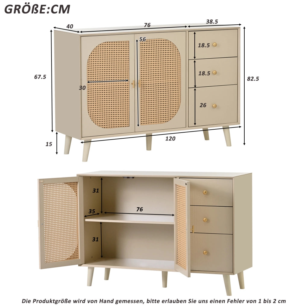 Credenza 120x40x82.5 cm con 2 ante e 3 cassetti; apertura a pressione; bianco crema