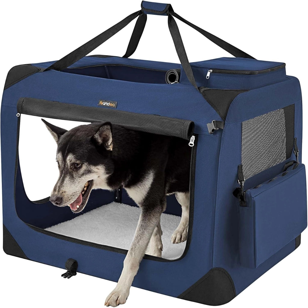 Feandrea PDC060G02 - Contenitore pieghevole per cani, M, in tessuto Oxford, con rete, traspirante, portatile, telaio in metallo, con manici, tasche, 60 x 42 x 42 cm, grigio fumo
