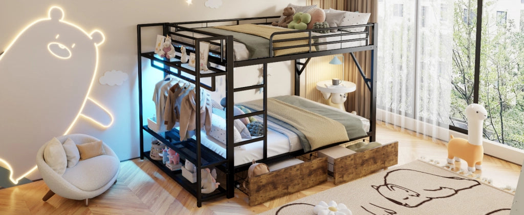 DESMIU Letto soppalco 2 posti con 2 cassetti, mensole, barra appendiabiti e LED, 140 × 200 cm, senza materasso