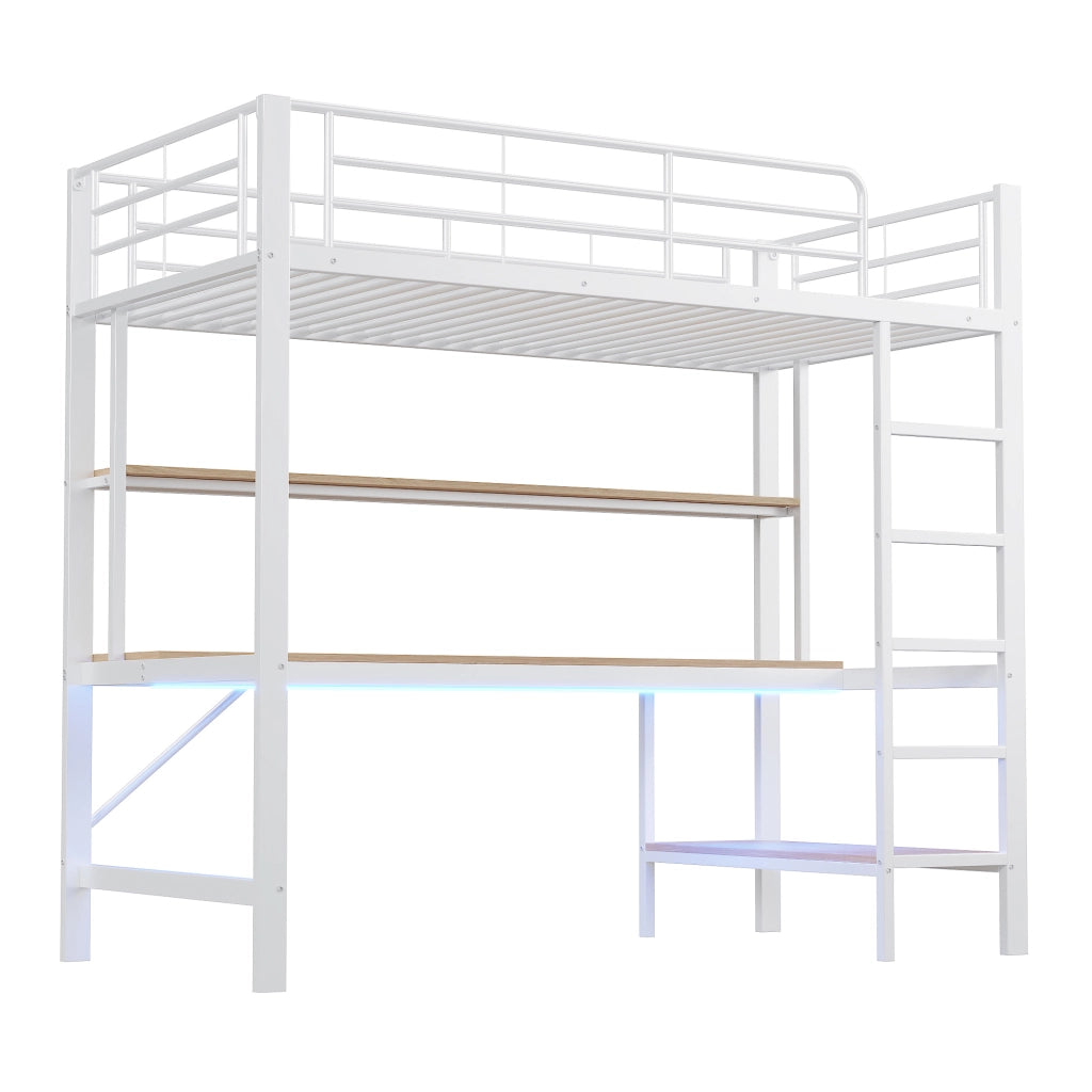 Letto a soppalco 90x200 cm con scrivania; scaffali; LED e USB; in metallo e MDF bianco per cameretta