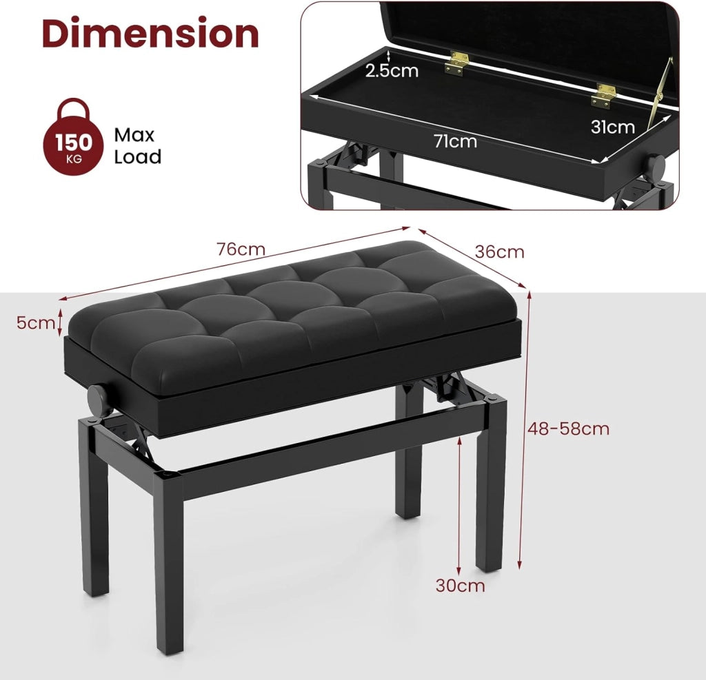 Panca per pianoforte con altezza regolabile 48-58 cm, panca pianoforte imbottita per 2 persone, sgabello con spazio di archiviazione e gambe antiscivolo, nero
