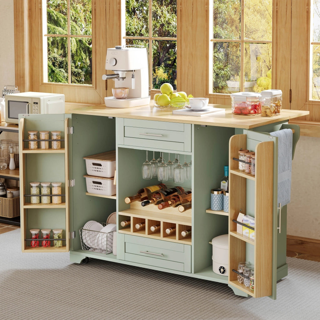 Carrello da cucina con piano estraibile 2 ante 2 cassetti ripiani regolabili e portabottiglie per cucina verde antico