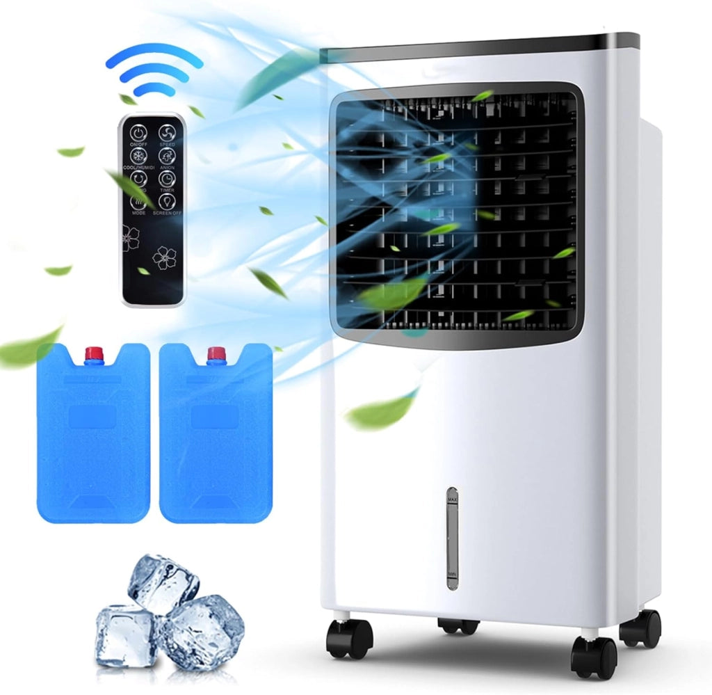 Condizionatore Portatile, Raffreddatore d’aria con Serbatoio Acqua 8L, 3 Modalità, 3 Velocità, Telecomando e Ruote, 7,5H Timer, per Casa, Ufficio