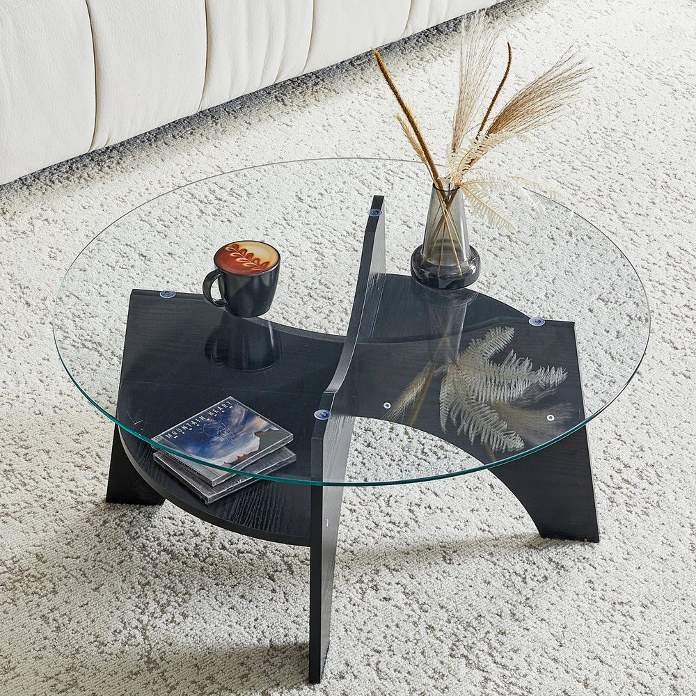 Tavolino Rotondo in Vetro Temperato ¨C MINIMAL ¨C Piano ?80 cm, Gambe MDF Nero