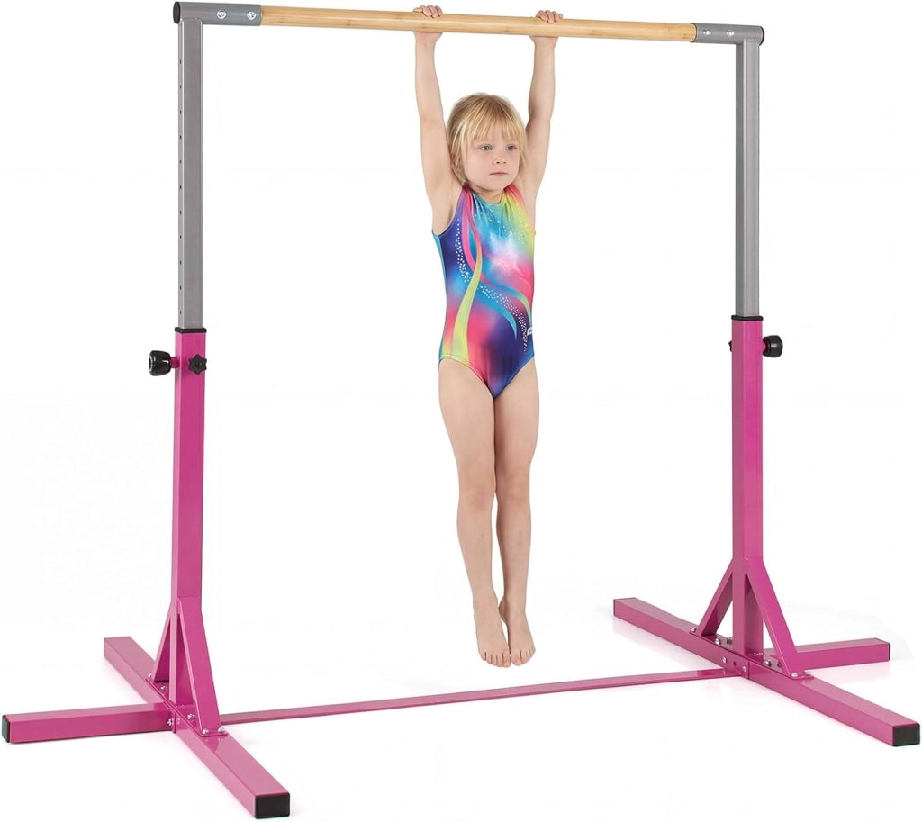 Sbarra per Ginnastica e Danza per Bambini e Bambine, Barra Ginnastica in Metallo e bambù Portatile e Regolabile in Altezza con Cuscinetti Antiscivolo, 195 x 121 x 85-145 cm