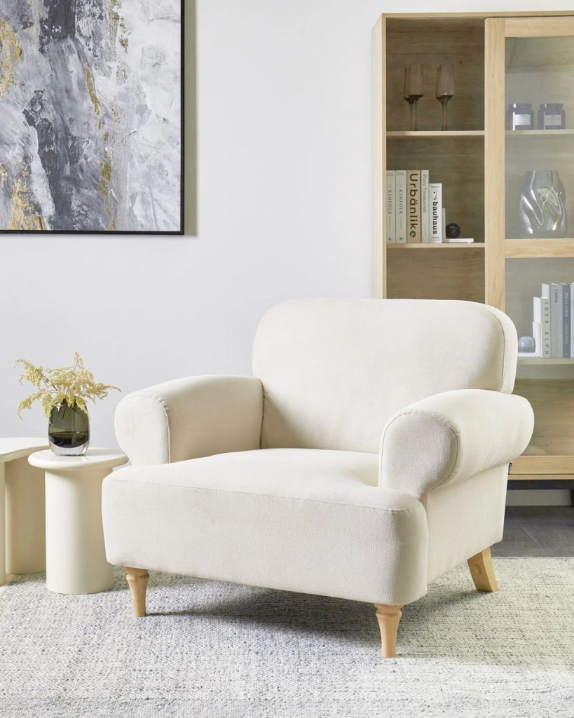 Poltrona Beige Poliestere Tessuto Gambe di legno Retro Minimalista Mobili Soggiorno