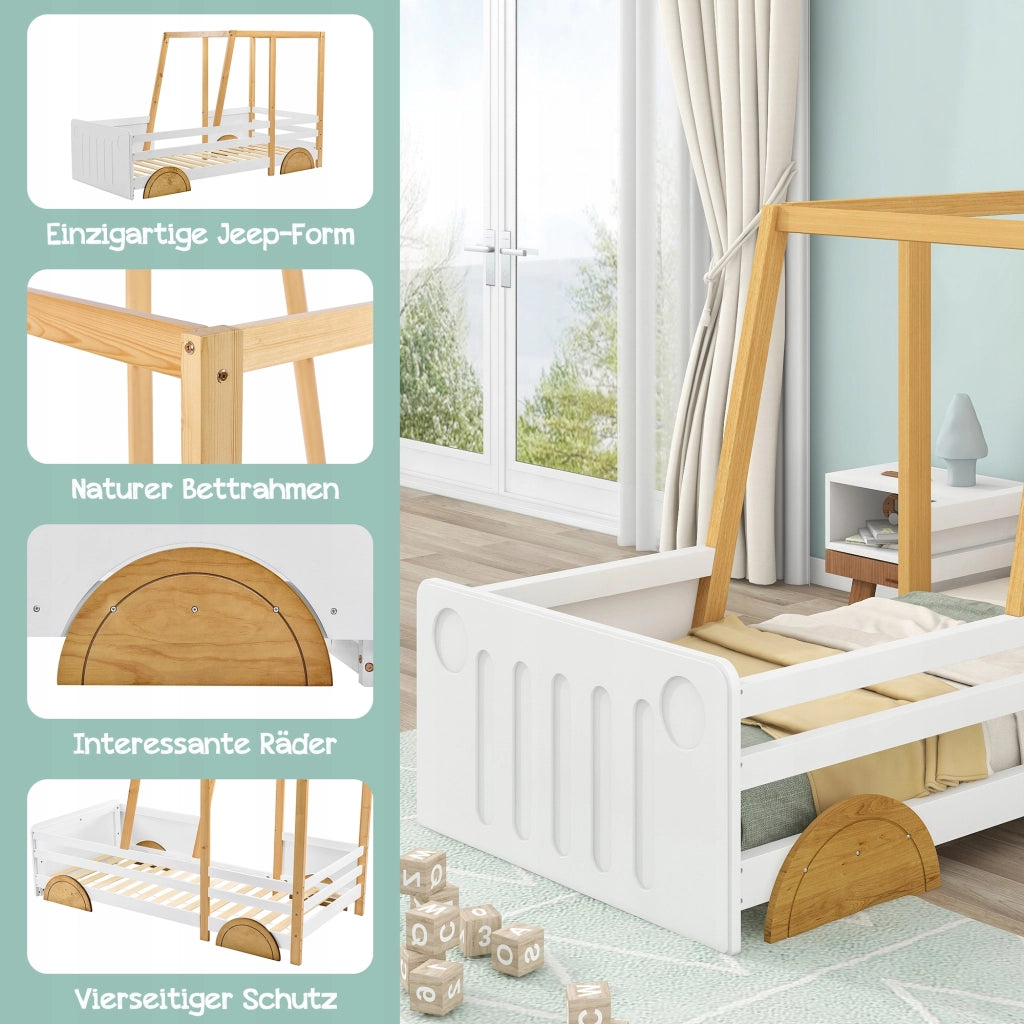 Letto a forma di auto per bambini - Xylo - 90x200 cm - Bianco e naturale