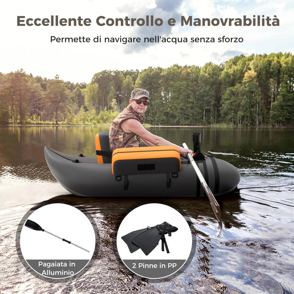 Belly Boat da Pesca Portatile, Gommone Gonfiabile da Pesca con Porta Canne Regolabile, Pompa, Pagaia in Alluminio, Spallacci e Kit di Riparazione, Barca da Mare con 2 Pinne, capacità 160kg