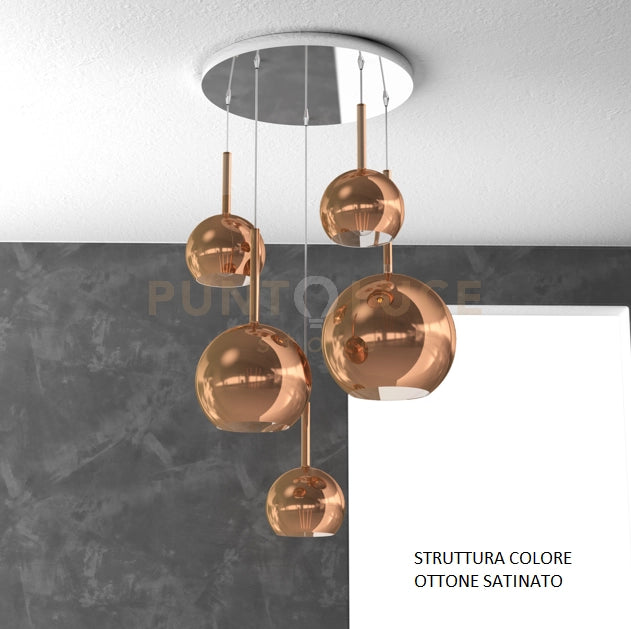 SOSP. OTTONE SAT. TONDA 5 LUCI VETRI (1 GRANDE+1 MEDIO+3 PICCOLO) TUTTI RAME 1155OS-S5 TMIX-RA