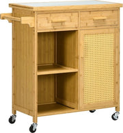 Carrello da cucina con cassetti, pannelli aperti, tavolo da servizio, vassoio di stoccaggio con holder per asciugamani, tavolo da pranzo in vetro, bambù, naturale, 84 x 36 x 85 cm.