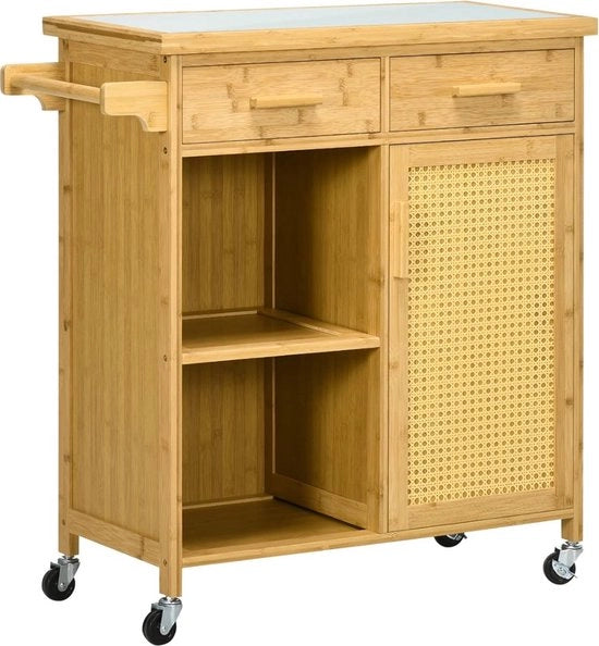 Carrello da cucina con cassetti, pannelli aperti, tavolo da servizio, vassoio di stoccaggio con holder per asciugamani, tavolo da pranzo in vetro, bambù, naturale, 84 x 36 x 85 cm.