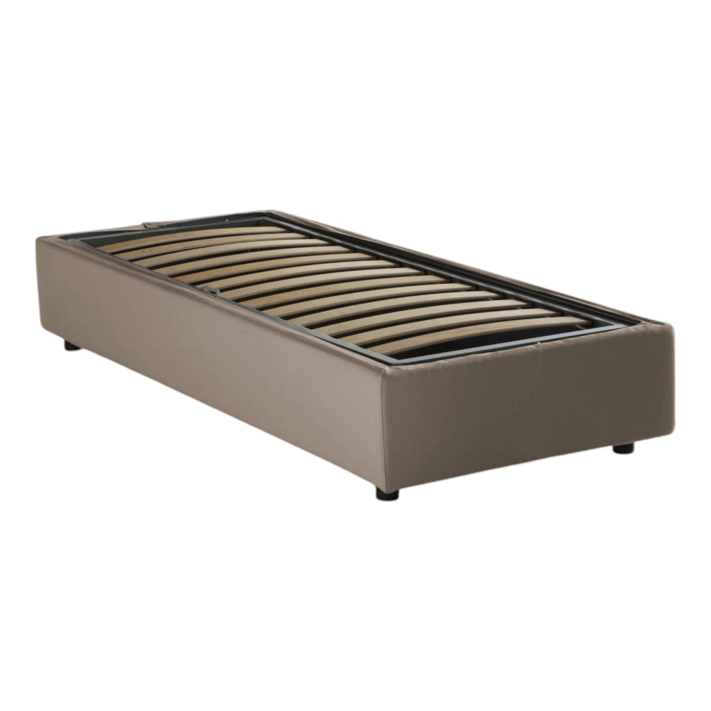Letto singolo Abbi, Letto contenitore con rivestimento in tessuto, Made in Italy, Apertura laterale, con materasso cm 80x190 incluso, Tortora